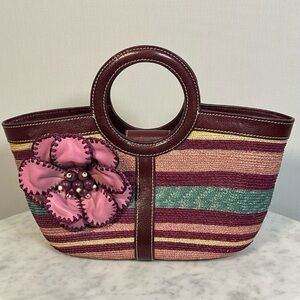 Isabella Fiore Handbag Vintage Woven Straw Body, Leather, Floral Appliqué